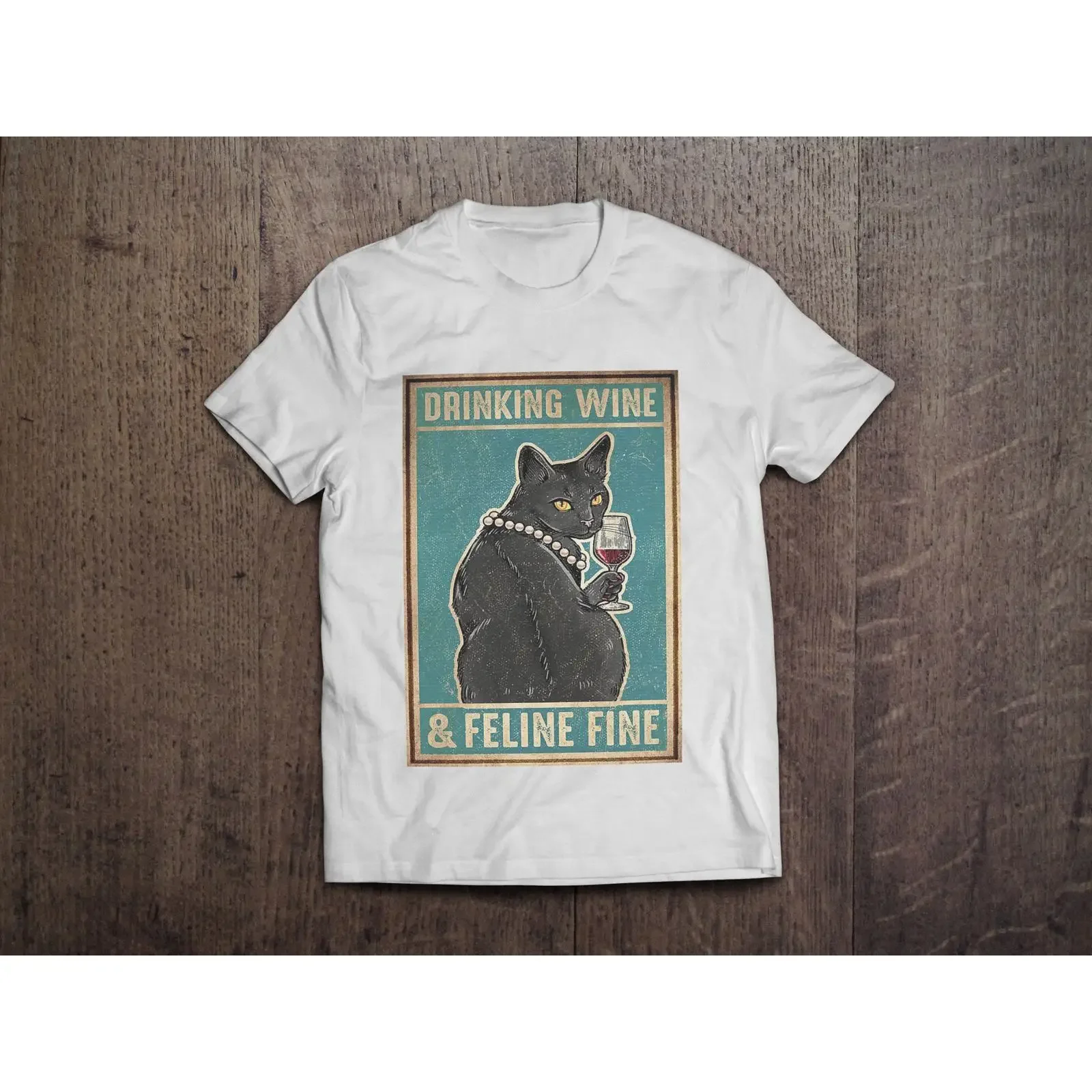 Drinking Wine And Feline Fine Cute Cat Heavyweight cotton unisex t shirt with print tee top vintage Washed