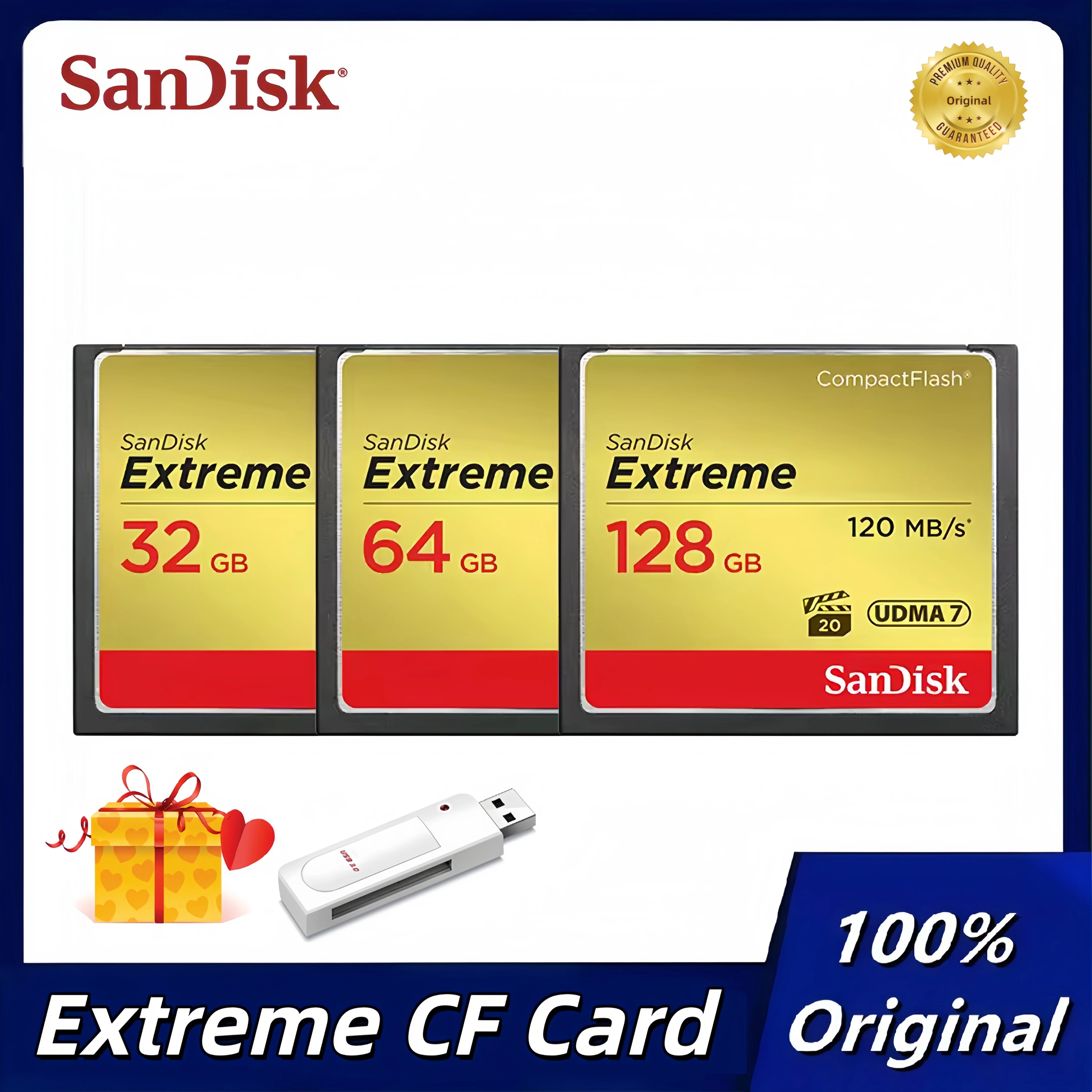 

Оригинальная карта SanDisk 128 ГБ 64 ГБ 32 ГБ Extreme CompactFlash с скоростью чтения до 120 МБ/с VPG 20 UDMA 7 CF для Canon Nikon