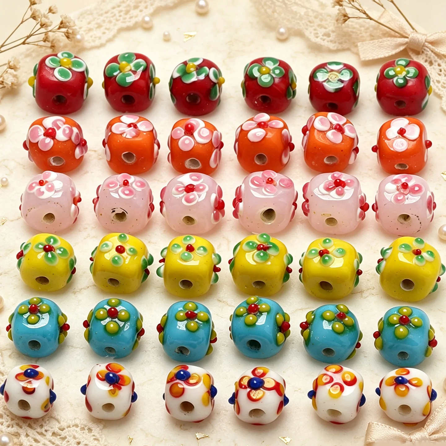 4Pcs Colorful Handmade Lampwork Glass Beads 10mm, 3D Flower Raised Dotted Spacer Beads For DIY Bracelet Earring Jewelry Making