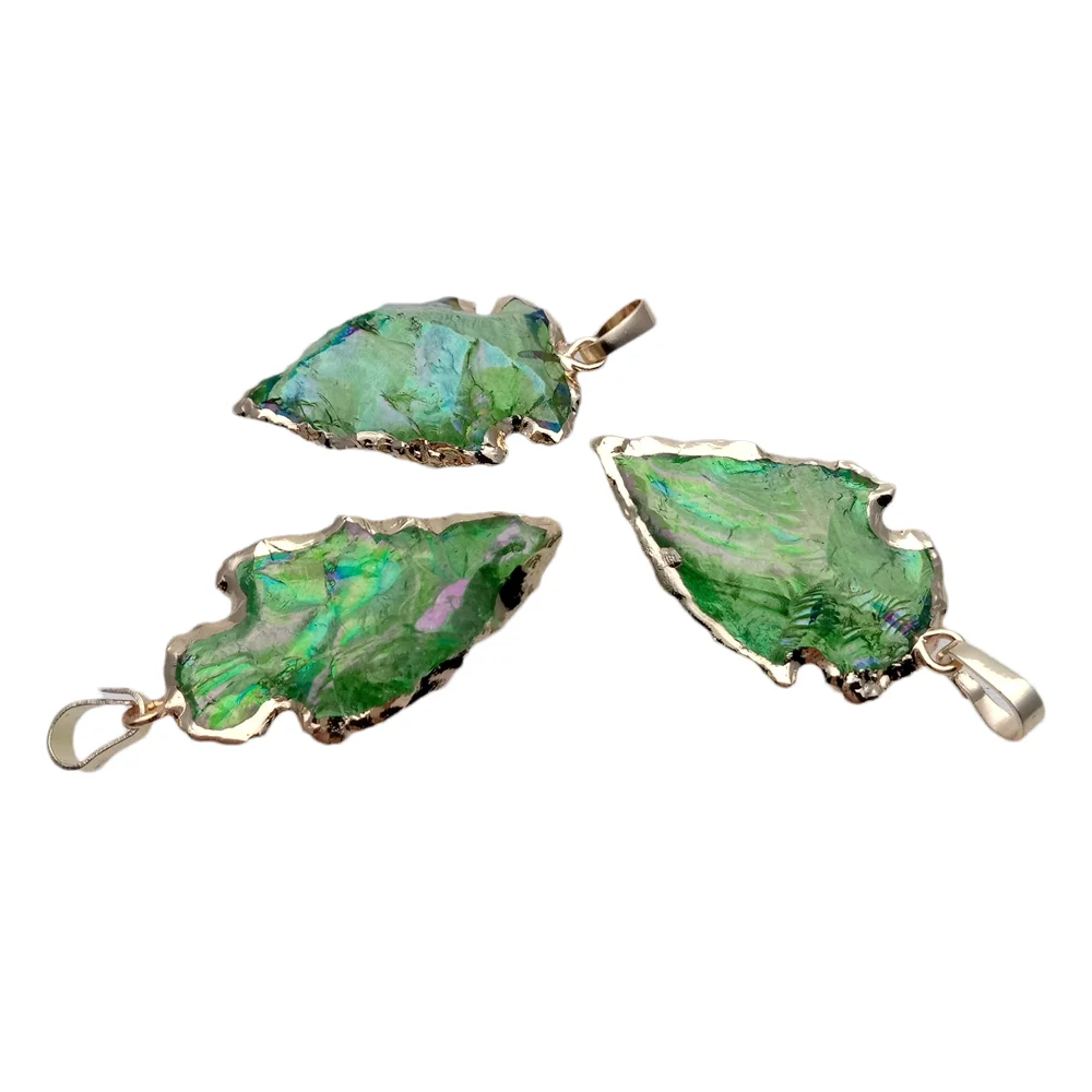 5 Pcs Raw Green Crystal Quartz Arrow Head Pendant Charm Pendant Yellow Gold Plated
