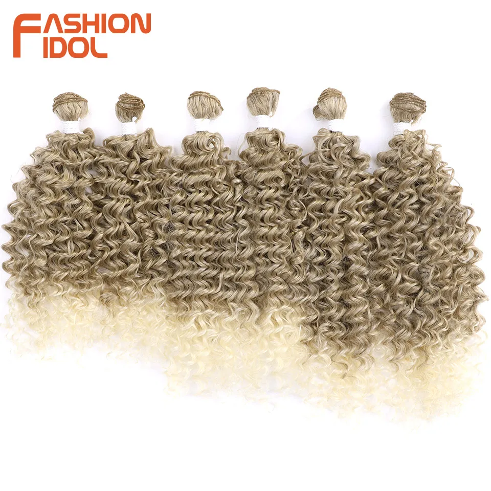 FASHION IDOL Deep Wave Hair Weave Ombre Brown Color Synthetic Hair Extensions 6pcs 22 24 26 inch Afro Kinky Curly Hair Bundles