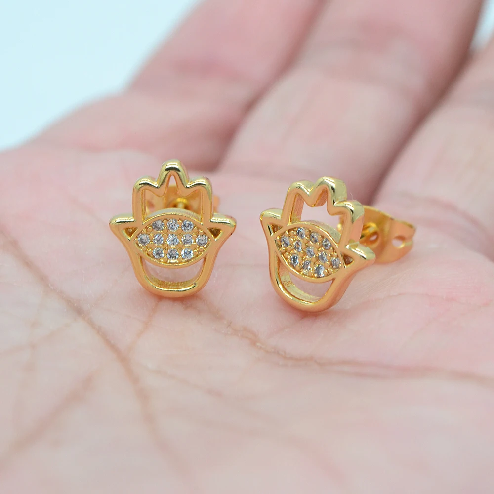 Fashion Gold Color Clear CZ Women Hamsa Hand & Evil Eye Stud Earrings Jewelry