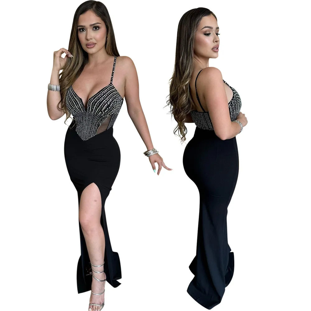 

Sexy Nightclub Party Prom Club Banquet Split Sleeveless V-Neck Long Hot Rhinestone Dresses