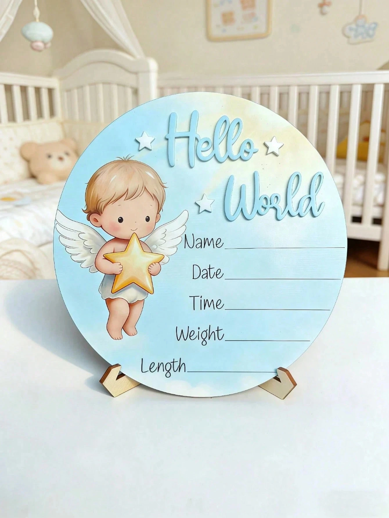 1 Wooden Hello World Baby Growth Milestone Sign (with Stand), Birth Announcement Photo Prop, Baptism Gift, Suitable for Baby Boys, Baby Girls, Newborns