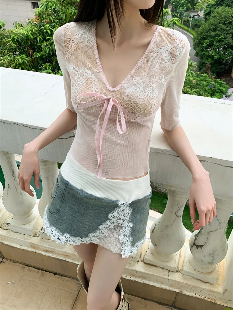 Cheer art Tie Dye Pink Bow Mesh niedlichen Top für Frauen Sommer Halbarm T-Shirt V-Ausschnitt Spitze Crop Top koreanische Mode