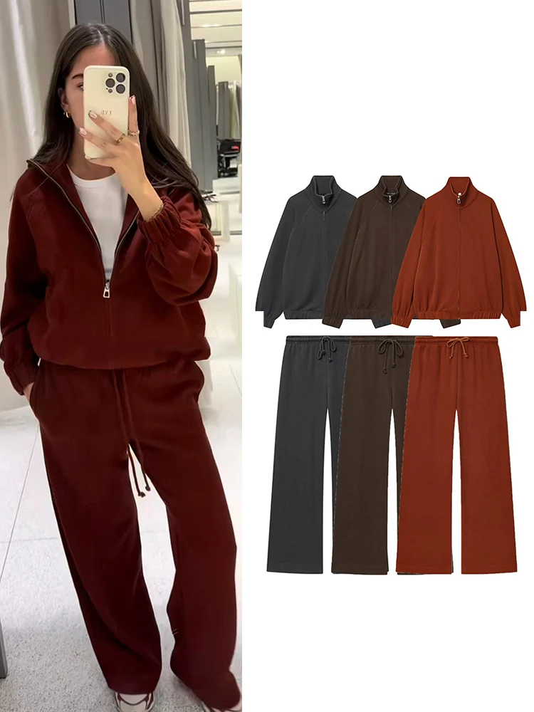 TFMLN-trajes de pantalón informales para mujer, sudadera con cuello levantado y cremallera, pantalones de pierna ancha de cintura alta, trajes de calle de otoño 2025