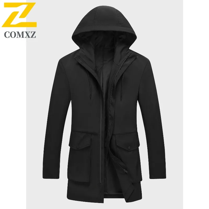 

COMXZ Men Trench Coat Luxury Hooded Collar Korean Style Cold Protection Windbreaker Outdoor Working Windproof Winter Coat