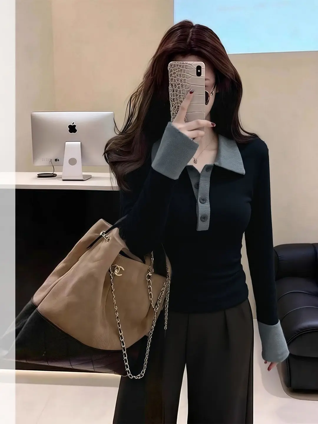 Color Block  Neck Long Sleeve Slim Fit Women's T-shirt Short Style Waist Cinching Spring Autumn Fashion Casual Top