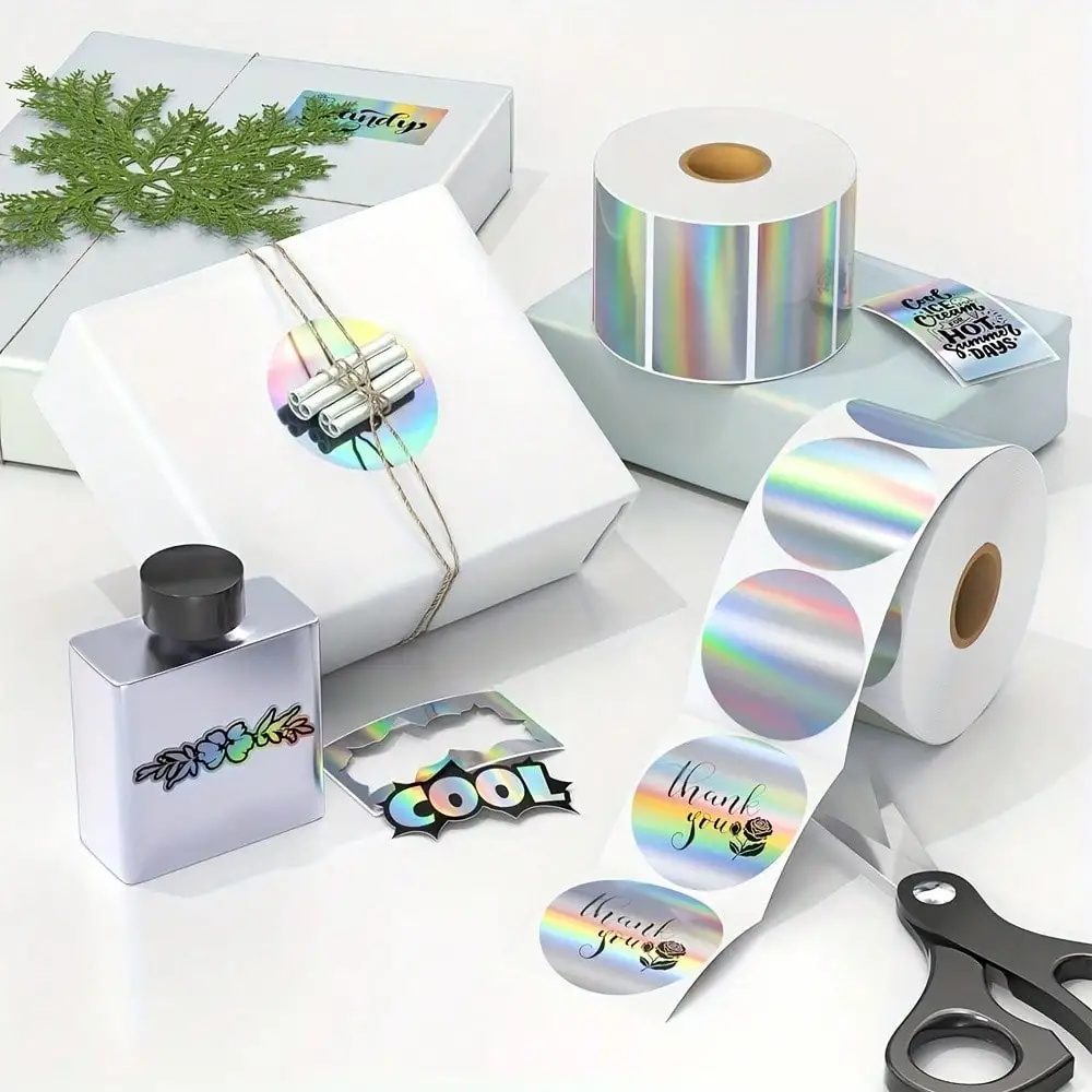 

500pcs/ Roll Holographic Silver Thermal Self-Adhesive Labels Printable Christmas Wrapping Stickers