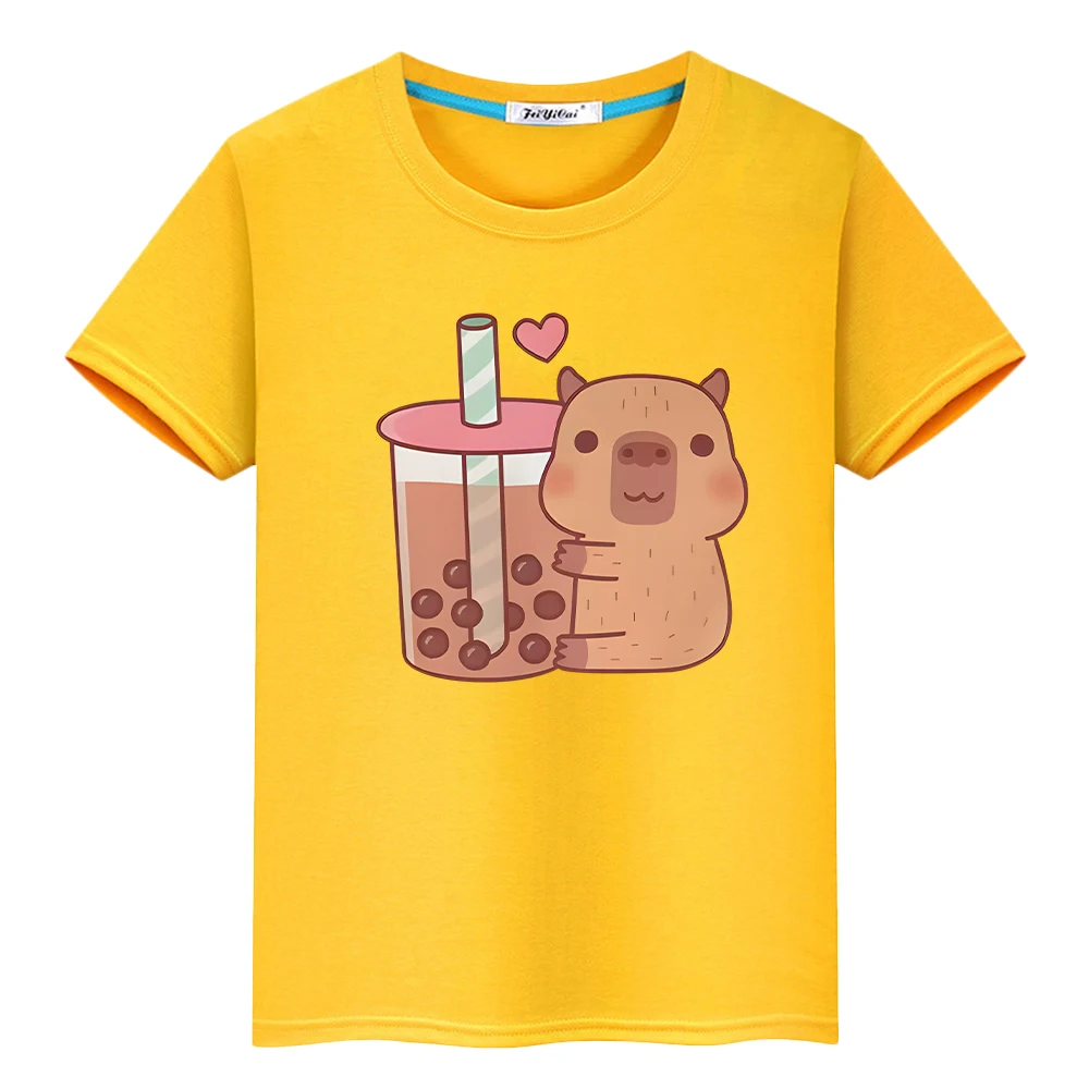 

t shirt for kids boy 10year Capybara holding tea print 100%Cotton Tops y2k one piece anime Short Tees pride tshirt girls clothes