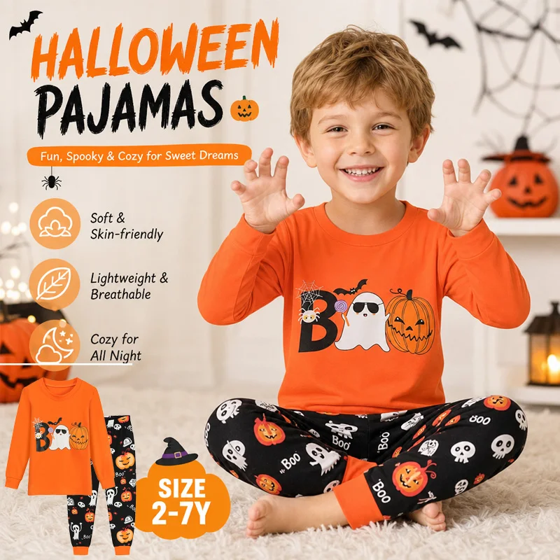 Little Hand Toddler Boys Halloween Pajamas Set Cotton Ghost Pumpkin Long Sleeve Spider Web Pattern Nightwear for 2-7T Kids Girls