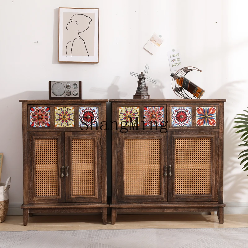 

FG new Chinese rattan dining side cabinet breathable solid wood retro meal preparation painted porch locker