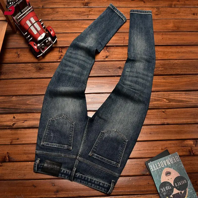 High-End Trendy Men's Jeans with Rips and Patches, Stretchy Fashionable Korean Style Slim Fit Blue Long Pants