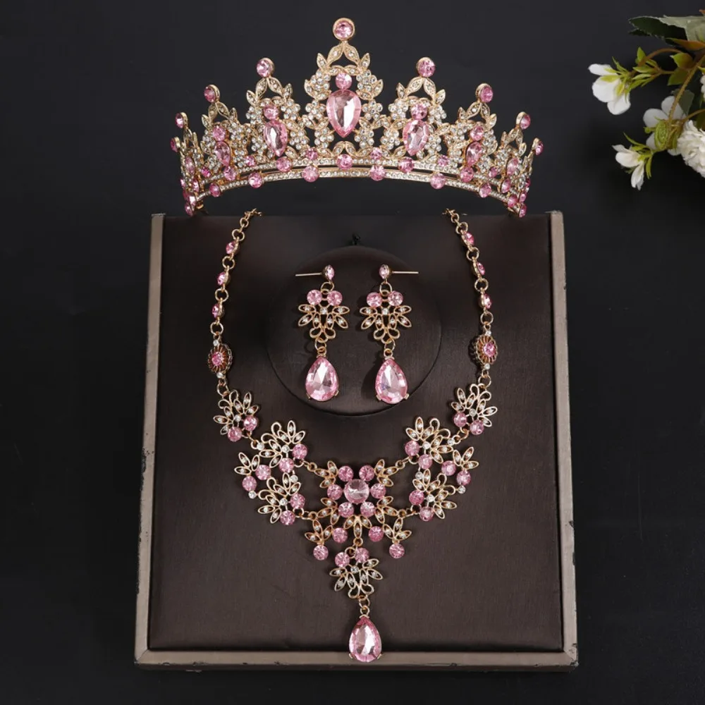 

Baroque Style Tiara Earrings Necklace Shiny Luxury Rhinestone Bridal Crown Widely Use Comfortable To Wear Bridal Jewelry Sets