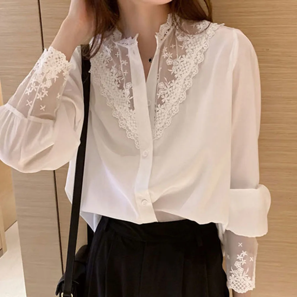 

Женская кружевная шифоновая лоскутная рубашка, топы с длинным рукавом, однотонный свободный дизайн для повседневной и деловой повседневной одежды