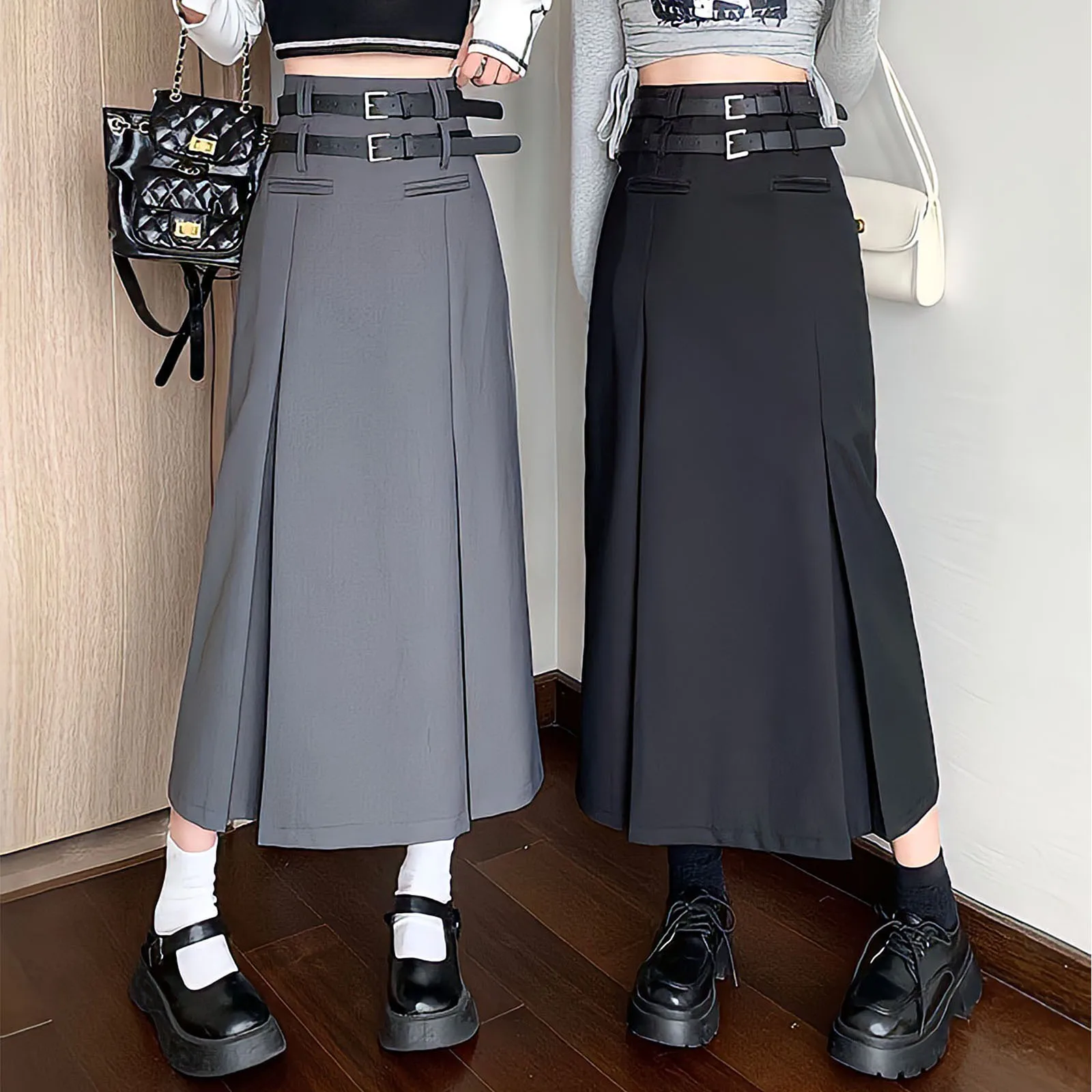 

Summer Streetwear Black Y2k Skirts Women Cargo Harajuku Korean Fashion Vintage Loose High Waist Chic Pleated Grey Long Skirt