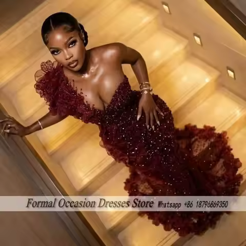 Shinny Burgundy Prom Dresses Black Girls Luxury One Shoulder Mermaid Birthday Party Outfit Sequin Evening Dress Customized
