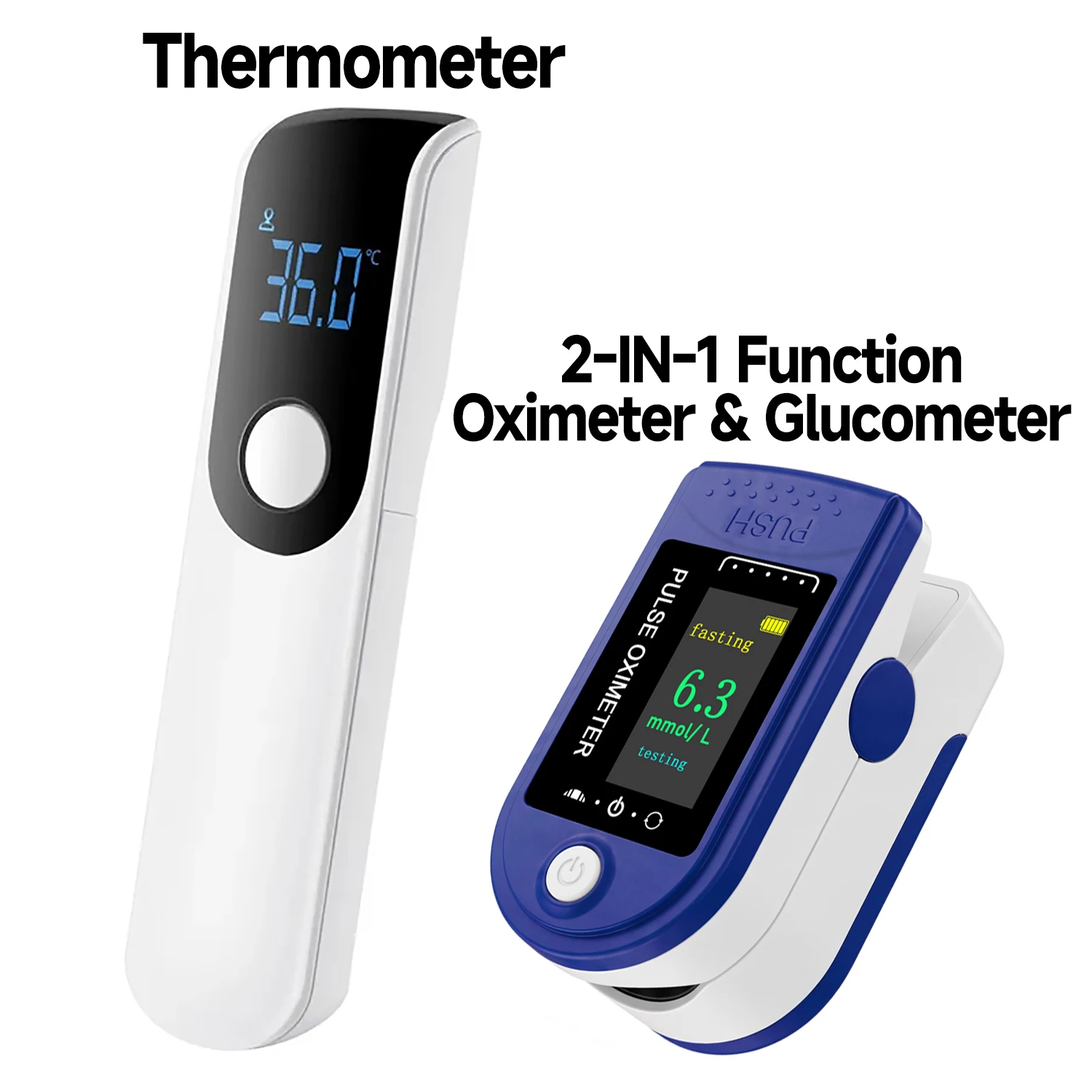 Mini IR Body Thermometer Test Kit Non-contact Fever Thermometer or Digital Finger Oximeter & Glucometer In-One Medical Monitor