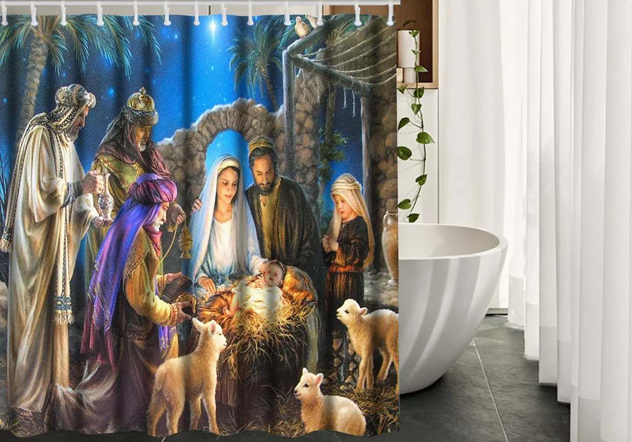 Funny Design Christmas Nativity Holy Family Tree-Three Wisemen Christmas Shower Curtain