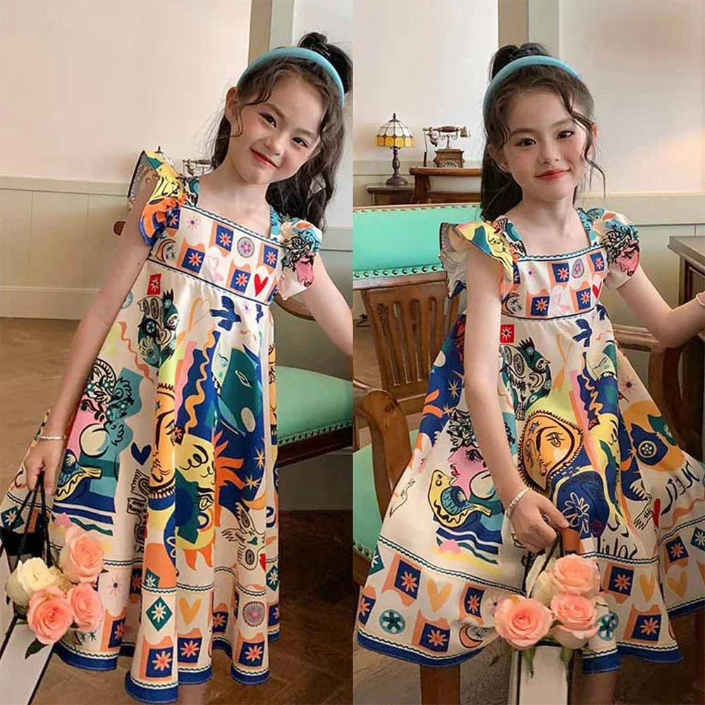 Girls' Set 2024 Summer New Casual Dress Flying Sleeve Graffiti Painting Dress Sleeveless Princess Fashion Dress