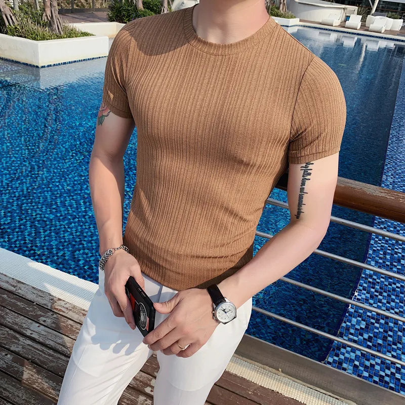 Mens Pinstripe T-Shirt 2024 Summer New High Quality Slim Fit Fashion Solid Color Casual Breathable Round Neck Short Sleeve Top