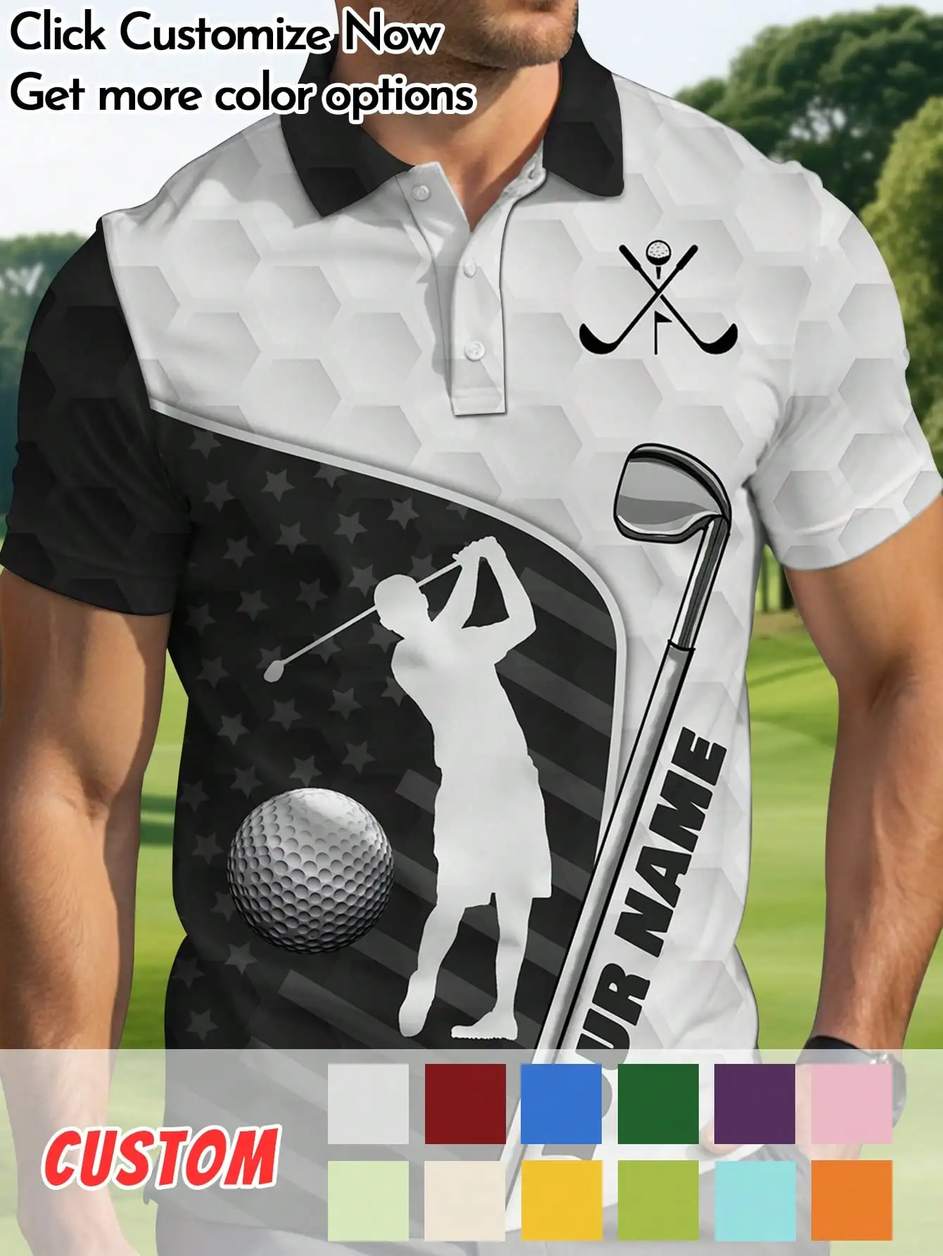 

Custom Men's Short Sleeve Polo Shirt with Golf Graphic Design, Personalized Name Option