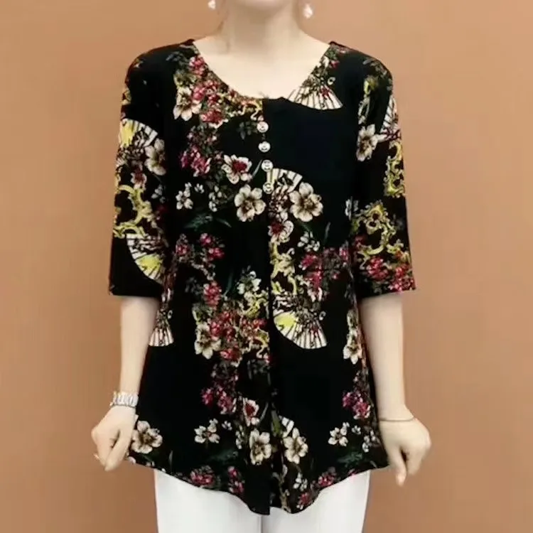 Vintage Printed Casual 3/4 Sleeve Blouse Spring Summer Round Neck Button Female Clothing Stylish Loose Midi Shirt Commute