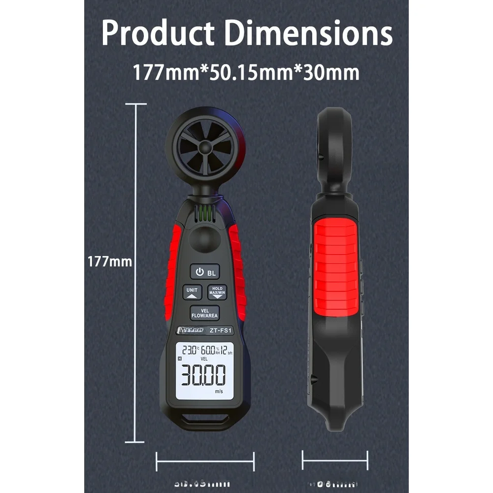 Air Flow Meter ZT-FS1 Digital Anemometer with Temperature Humidity Monitoring 0.4-30 m/s Range TPE+ABS Body LED Backlight