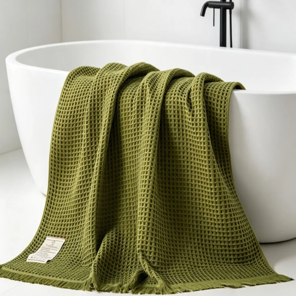 95x190cm 100% Cotton Big Bath Towel for Adults- Soft Highly Absorbent Green Waffle Towels - Home Bathroom Washcloth Collection