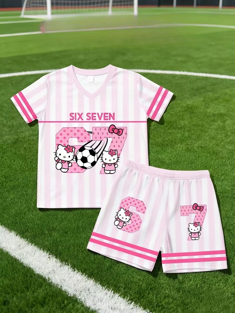 

Summer New Unisex Children's Parent-child Clothing Fashion Sports Suit V-neck Hello Kitty Printed Shorts Soft 3D Fiber Fabric