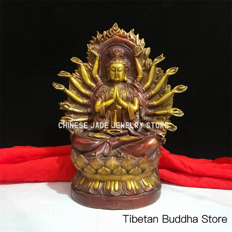 Antique-style bronze collectible home decor Feng Shui ornament, pure copper brass Guanyin Buddha statue, Thousand-Hand Guanyin b