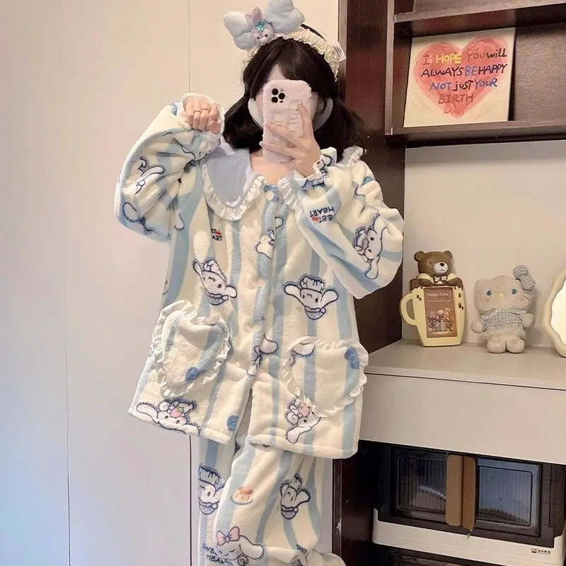 بيجامة مخملية مرجانية ناعمة ولطيفة على الموضة للفتيات للخريف والشتاء على طراز الأميرة من الفلانيل بالإضافة إلى ملابس منزلية سميكة #3