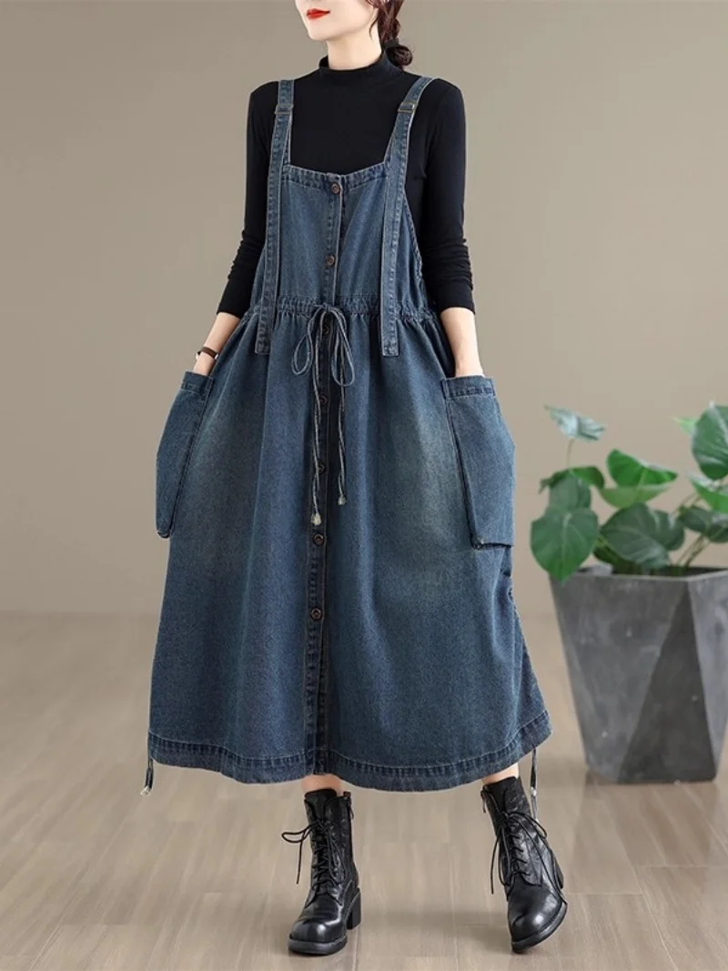 

Big Size High-Waisted Denim Overalls Dress For Women Trendy Autumn Sleeveless Large Pockage Vintage Jeans Strap Dress w976 ﻿