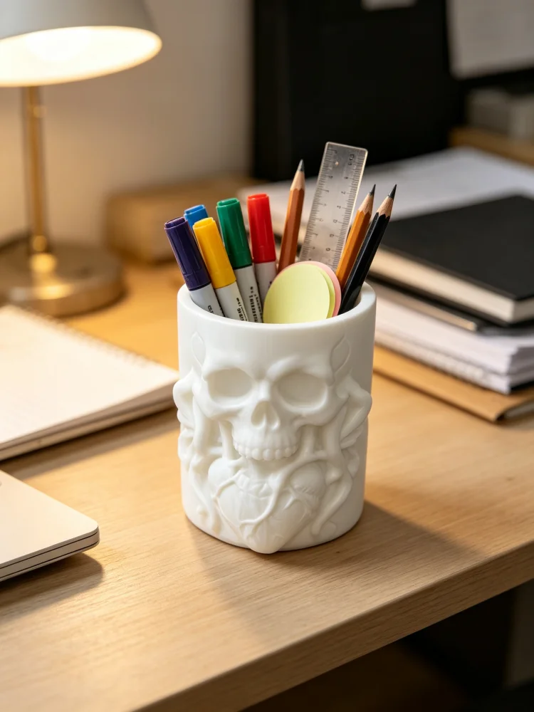 Halloween-Themed Skeleton Heart Embossed Pen Holder, Gothic-Style Horror Skeleton Heart Embossed Pencil Holder, Petg Matte White Hard Plastic Desktop Pen Cup, Desktop Pen Storage Box, Desktop Organizer, Office Supplies, Home Office Study Desk Storage Decoration, Storage for Fountain Pens, Pencils, Markers, Scissors, Various Small Stationery Items, Dark and Quirky Atmosphere Accessories, Unique Novelty Gifts