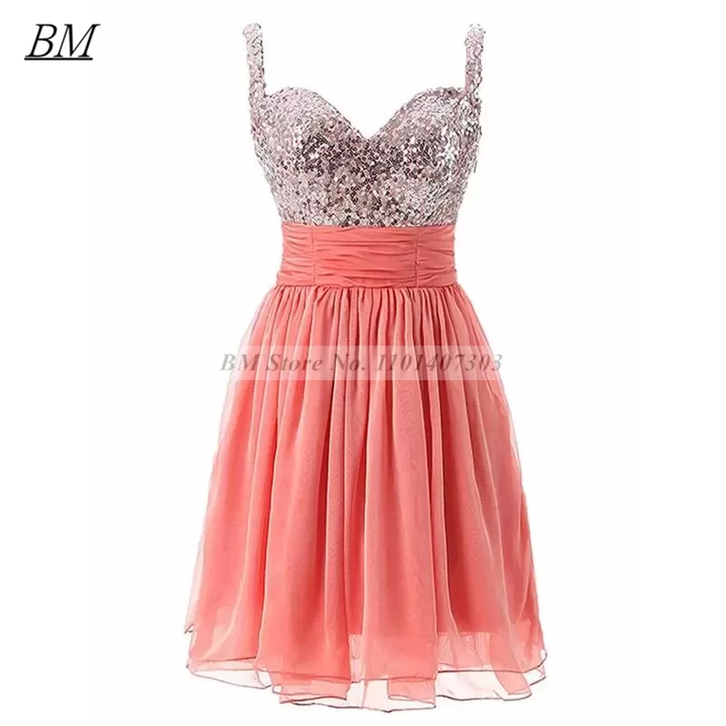 Shining Sequined Short Homecoming Dresses Pleated Chiffon Backless Formal Birthday Graduation Mini Prom Party Cocktail Gowns