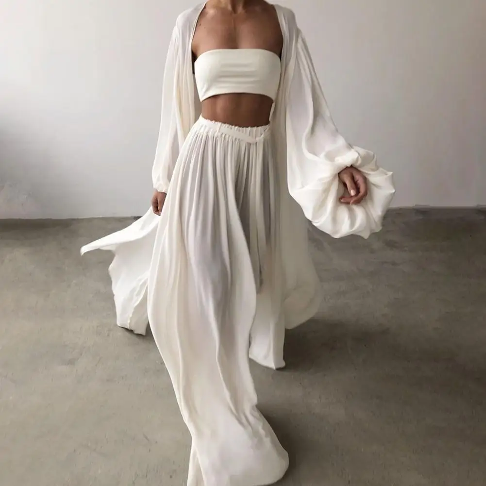Survêtement à manches longues bouffantes pour femmes, tenue sexy, cardigan, haut tubulaire, pantalon à jambes larges, vêtements, 03/Life
