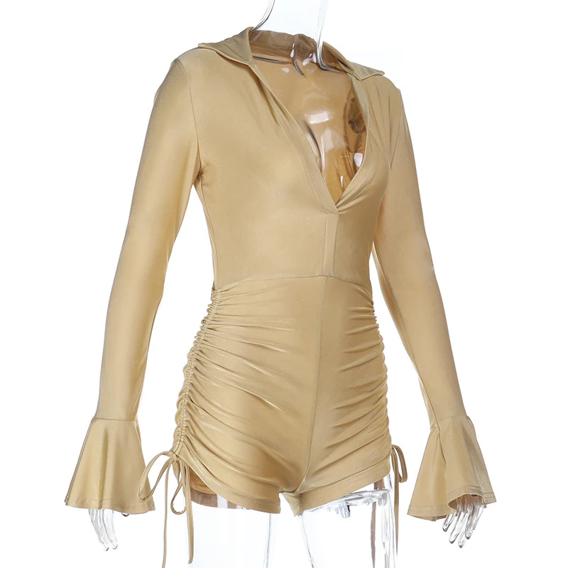 BKLD Ladies Flare Sleeves High-waisted Skinny Side Drawstring Folds Design Deep V-neck Lapel Playsuits Club Streetwear For Women