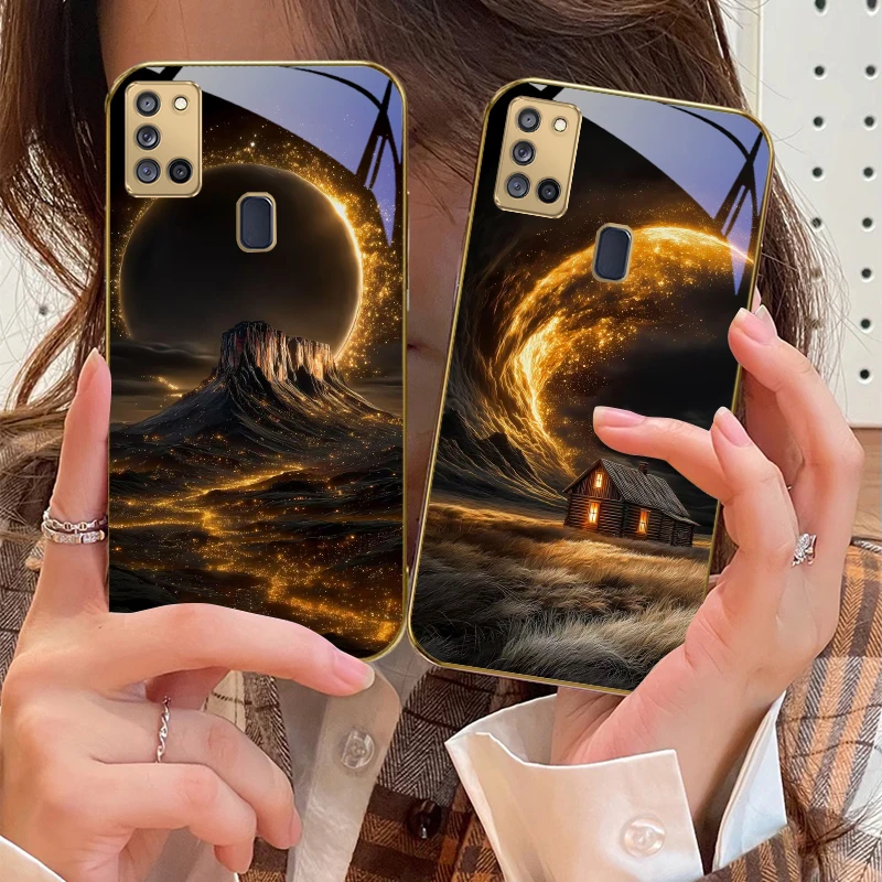 برية الأوردة لسامسونج A 31 32 A33 A34 35 14 A15 13 16 25 26 50 52 53 54 55 56 70 71 72 73 حافظة هاتف زجاجية ذهبية