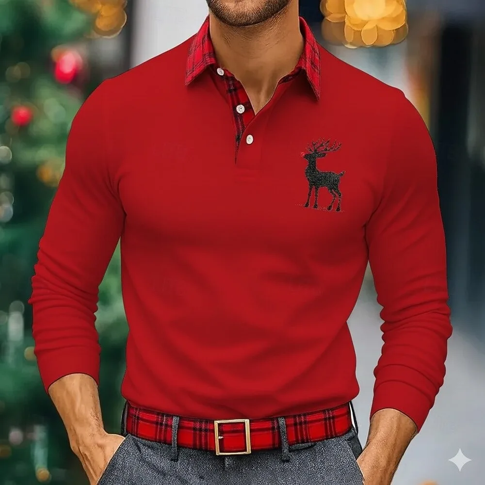 

Christmas reindeer head 3D printed men's polo shirt fashionable autumn long sleeved shirt breathable holiday party casual men's