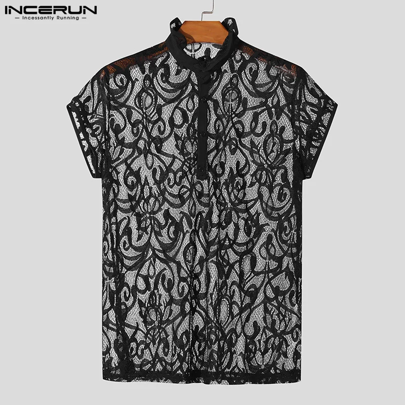 2024 Summer Men Shirt Lace Mesh Transparent Sexy Stand Collar Short Sleeve Camisas Streetwear Fashion Party Men Clothing INCERUN