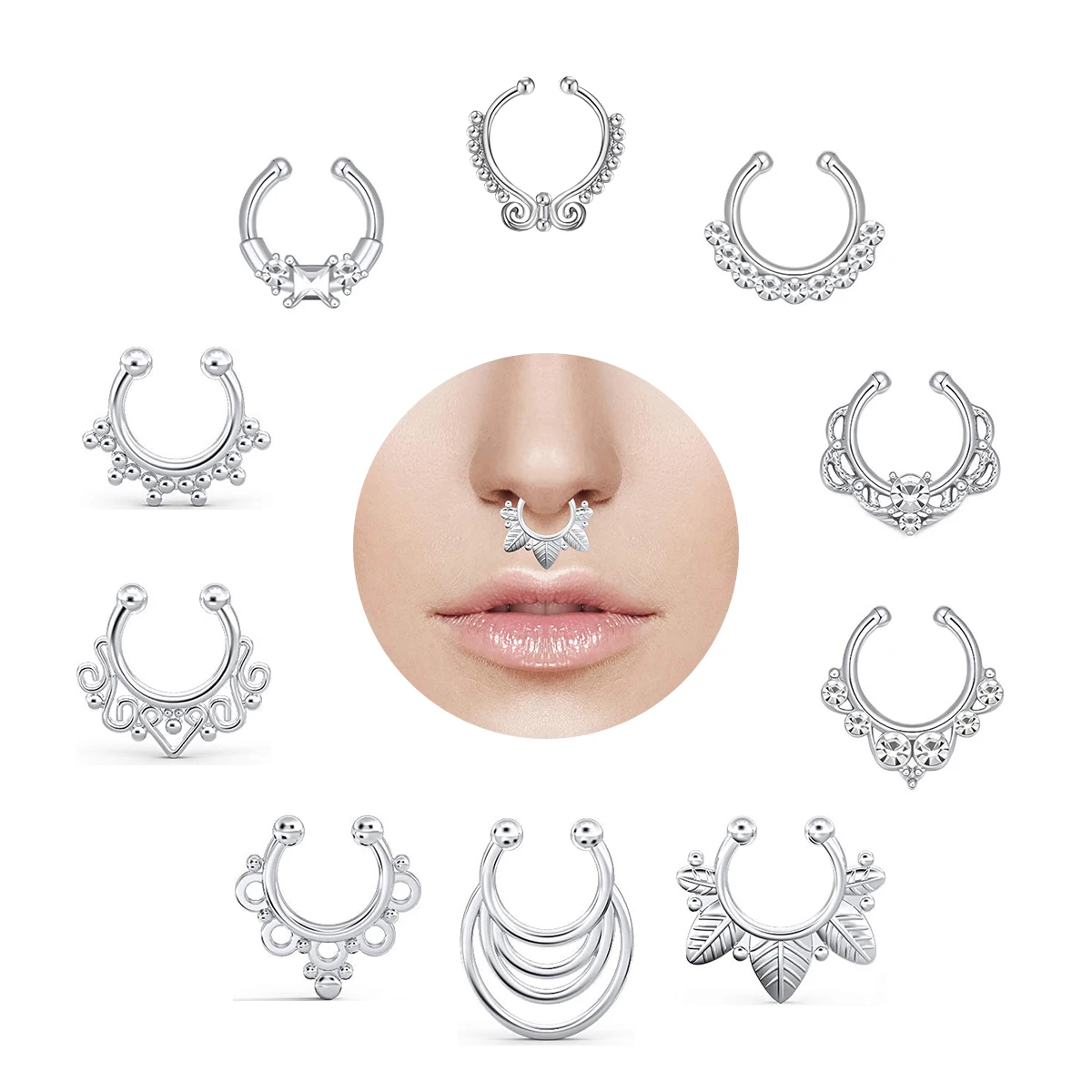 10 pieces of stylish simple and versatile women\'s false nose ring, no piercing, square zircon, inner diameter 8mm