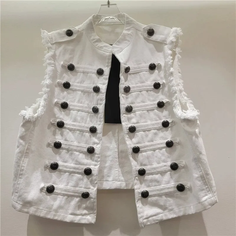 Multi-Row Button Decoration Short Denim Vest Blue Black White Women Cardigan Stand Collar Frayed Burrs Sleeveless Jean Waistcoat