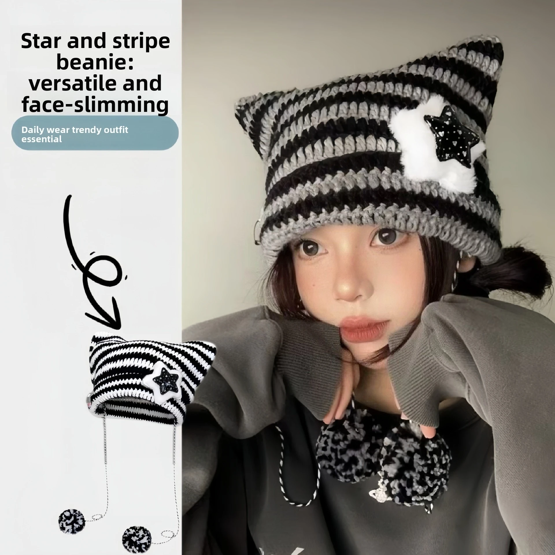 Cat Ear Stripe Knit Hat Protective Warm Winter Fashion Pullover Cap for Women Autumn Daily Outdoor Wear