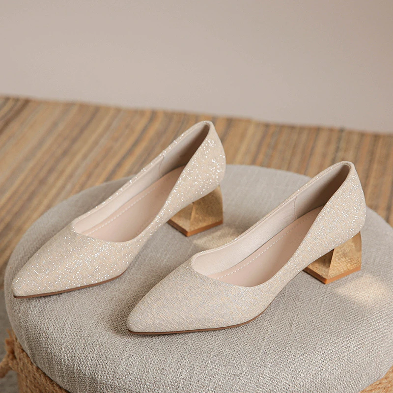 

Womens Black Glitter Pointed Toe Block Heel Pumps With Wooden Heel Detail Elegant Dress Shoes For Wedding Party Prom Office Work