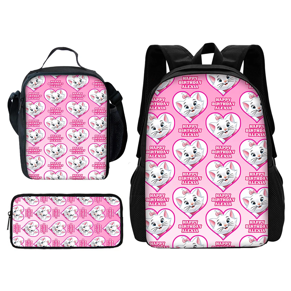 Mochila escolar dos desenhos animados para meninos e meninas, Maries Cat Backpack with Lunch Bags, Lápis Bags, Melhor presente