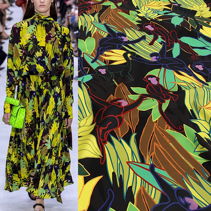 

Fashion Monkey and Leaves Printed Imitate Double Crepe Fabric For Woman Blouse Dress Pants Handmade DIY Cloth Sewing Material
