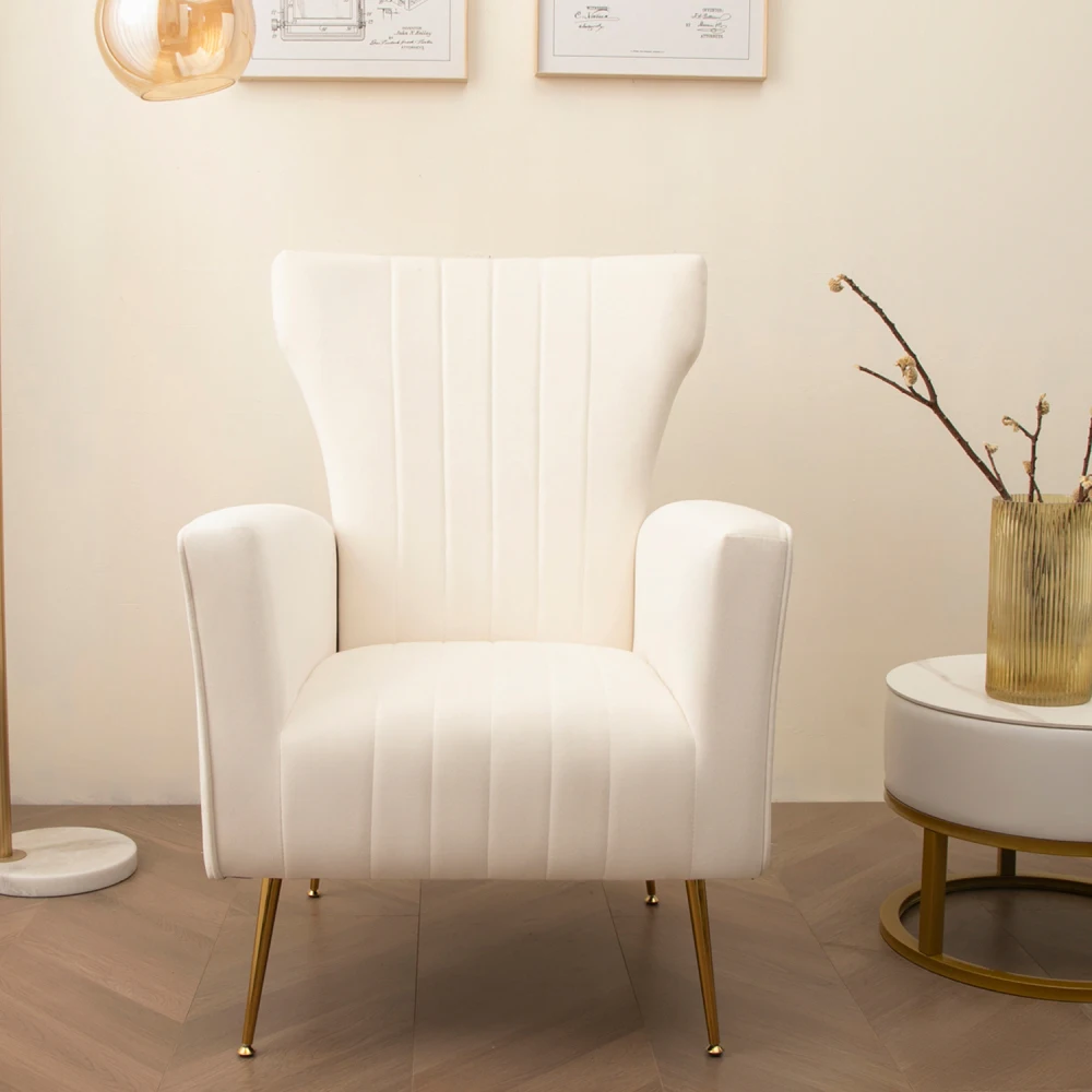 Velvet Accent Chair, Wingback Arm Chair with Gold Legs, Upholstered Single Sofa for Living Room Bedroom, White