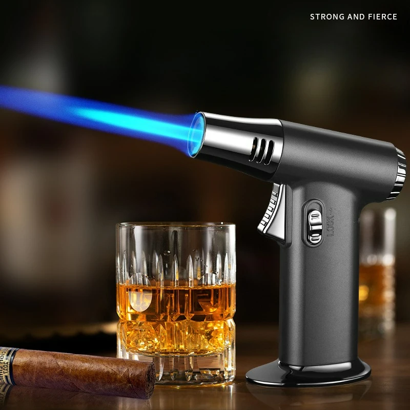 Desktop High Power Spray Gun Windproof Jet Blue Flame Butane Gass Lighter Safety Lock Switch Outdoor BBQ Kitchen Cigar Lighters
