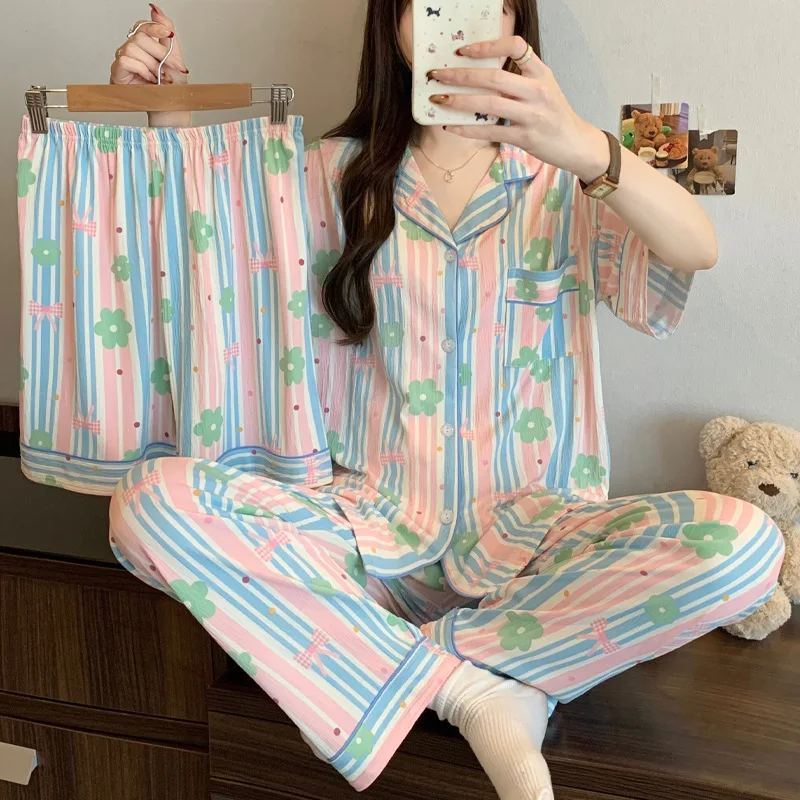 Women's Hot Selling Short Sleeved Sleepwear Home Wear Three Piece Set Summer Striped Small Flower Short Sleeved Pants Pajama Set