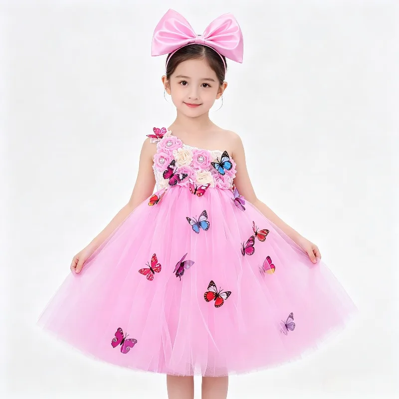 Halloween New Arrival Girls Fairy Tutu Dress Pink Butterfly Floral Mesh Puffy Princess Dress with Big Bow Headband Dance Outfit